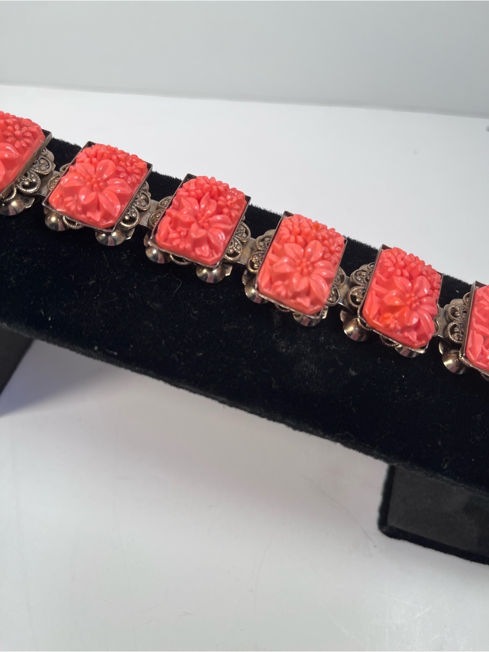 Vintage molded coral glass Floral Carved book chain bracelet